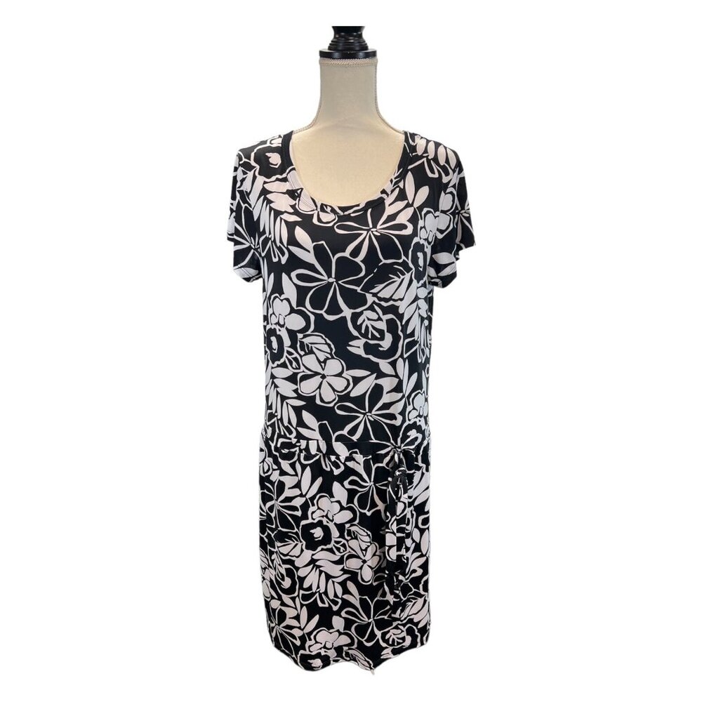 Hilo Hatties Dress Womens Black White Floral Tropical Jersey Knit Midi Vacation